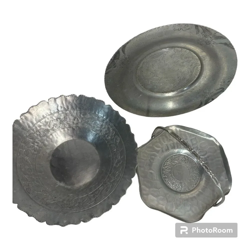 Lot Of 3 Vintage Embossed Aluminum Serving Pieces Tray Bowl Basket Mid Century